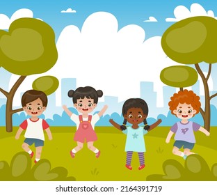 Banner with cute children in city park. Adorable diverse kids jumping outdoors. Frame with happy toddlers.