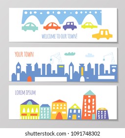 Banner with cute city and town elements, funny design. Vector graphic illustration