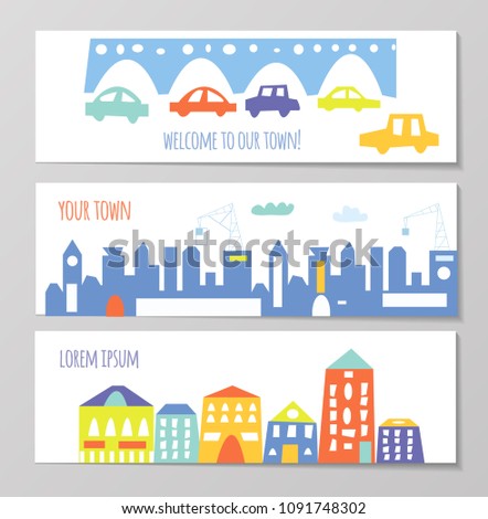 Banner with cute city and town elements, funny design. Vector graphic illustration