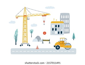 Banner with cute construction vehicle and city in pastel colors. Illustration yellow road rink and crane for kids. Vector