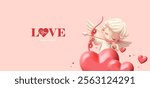 Banner with cute cupid and hearts, 3D. I love you. Greeting, gift, wedding, anniversary. Vector illustration.