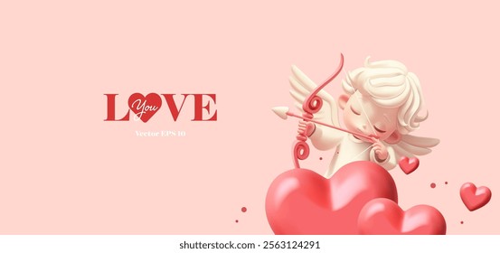 Banner with cute cupid and hearts, 3D. I love you. Greeting, gift, wedding, anniversary. Vector illustration.