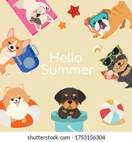 The banner of cute dog in summer theme. illustation for graphic,content , banner, sticker label and greeting card.