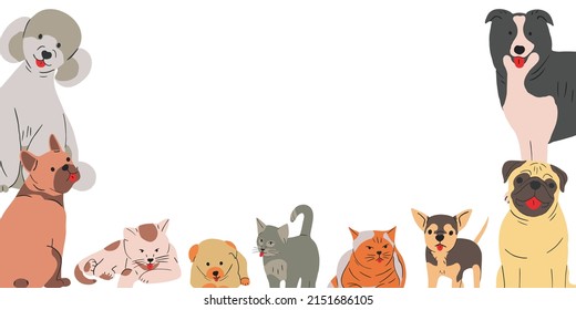 Banner with cute domestic pets group portrait and empty space. Happy pets posing together. Funny canine animals gang with Poodle, Pug, Chihuahua, Border Collie, French Bulldog. Vector