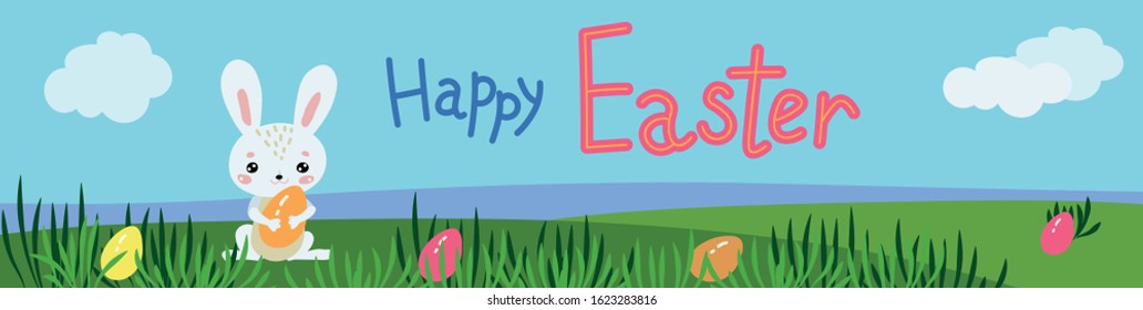 Banner with a cute easter bunny and colorful eggs.