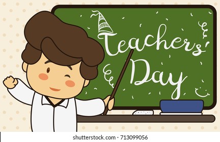 Banner with cute educator celebrating Teachers' Day with his students and greeting message in the chalkboard.
