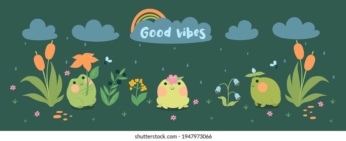 Banner with cute frogs, flowers in the rain. Vector graphics.