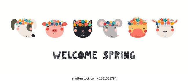 Banner with cute funny animals in flower crowns, quote Welcome Spring. Hand drawn vector illustration. Isolated objects on white background. Scandinavian style flat design. Concept for children print.