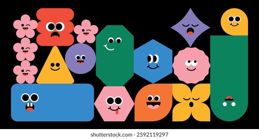 Banner with cute geometric figures with faces. Isolated cartoon heads with eyes and emotions. Group of geometric characters. Funny drawings with childish style. Flat vector illustrations.