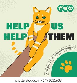 Banner with a cute ginger cat. Help us help them. Post for social media, for animal shelters and volunteers. Bright colors and trendy style. Assistance in adoption and donations.