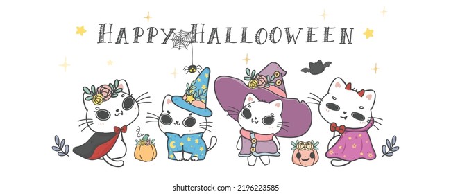Banner cute Halloween cat in Party costume cartoon pet doodle hand drawing