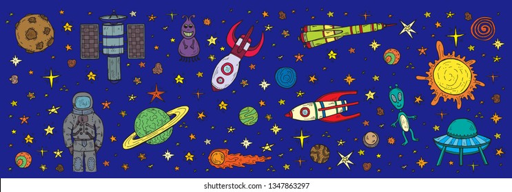 Banner with cute hand drawn space objects: stars, rockets, planets, moon, sun etc. Hand-drawn vector collection