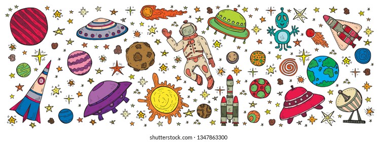 Banner with cute hand drawn space objects: stars, rockets, planets, moon, sun etc. Hand-drawn vector collection