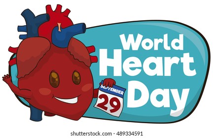 Banner with cute heart holding a loose-leaf calendar with special date in 29th September for World Heart Day.