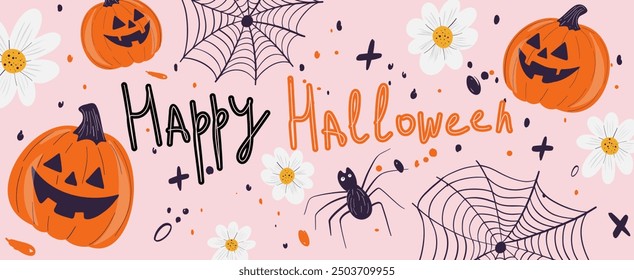 Anuncio de lindos Elementos de vacaciones con feliz halloween doodle dibujado a mano letras. Estampado infantil para pegatinas, tarjetas de felicitación y decoración. Calabaza, Web de araña con araña, flores sobre fondo rosa.