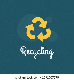 Banner with cute icon of triangle recycle arrows and text "Recycling". Vector illustration for the Warld Environment Day. Concept of ecology, saving the world, care for nature.