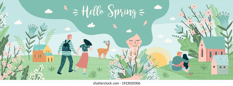 Banner with cute illustrations of people and spring nature. Love, relationships, young people. Vector template.