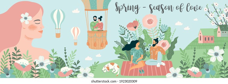 Banner with cute illustrations of people and spring nature. Love, relationships, young people. Vector template.