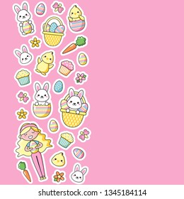 Banner of cute kawaii Easter cartoon characters on pink background. Easter bunny, chick, flower, girl and basket of easter eggs. Beautiful Kawaii vector illustration for greeting card/poster/sticker.