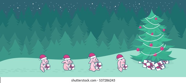 Banner with cute little bunnies bringing presents to the Christmas tree in the forest. Vector clip-art.