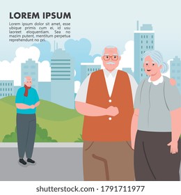 banner of cute old people outdoor, old woman and old men in the park vector illustration design