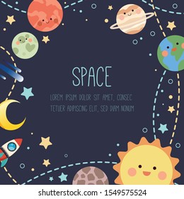 The banner of cute planet and star and rocket ship on the dark blue background look like space in flat vector style. Illustration about galaxy for background, graphic,content , banner .