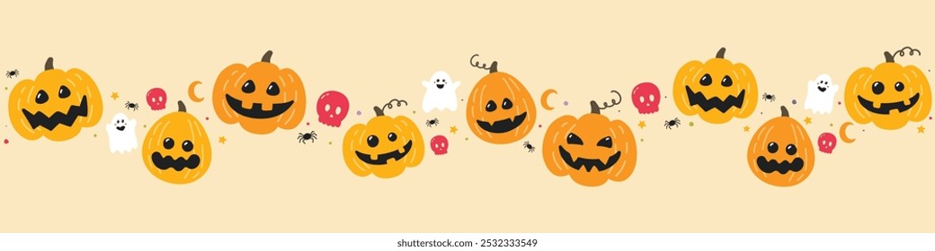 Banner with cute pumpkin lanterns. Halloween design. Vector illustration