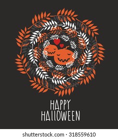 Banner with the cute pumpkins and round shaped leaves. Vector floral print for happy halloween.