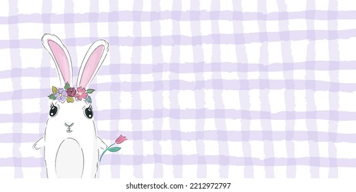 Banner cute rabbit girl with flowers wreath and copy space. Vector illustration for print, greeting card