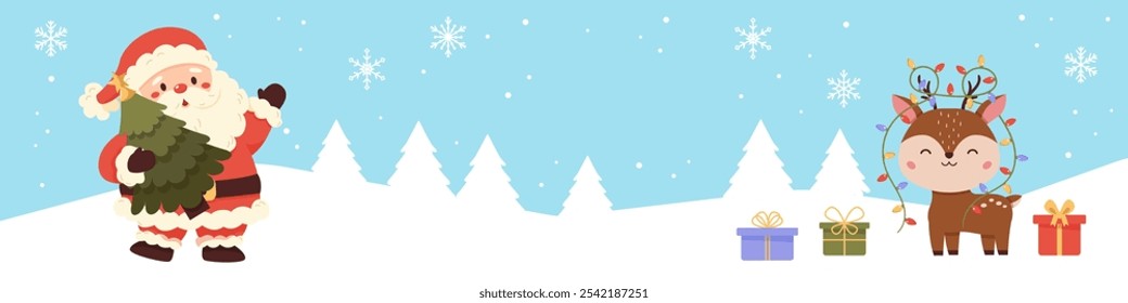 Banner with cute Santa Claus, Christmas tree, lights, reindeer and gifts. Snowy forest with snowflakes.