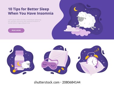 Banner with cute sheep in the sky. Concepts with sleeping pills, alarm clock, and face mask. Trendy vector flat illustrations for banners, landing page.