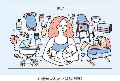 Banner with cute smiling mother holding newborn child surrounded by products and items for infant baby. Parenting, maternity, neonatal care and nursing. Colored vector illustration in line art style.