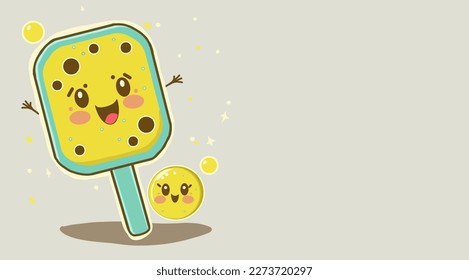 Banner of Сartoon cute smiling Pickleball racket or paddle and yellow ball on yellow background with copy space. Perfect content for wallpaper, postcard, poster, napkins and other creative projects. 