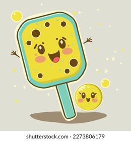 Banner of Сartoon cute smiling Pickleball racket or paddle and yellow ball on yellow background with copy space. Perfect content for wallpaper, postcard, poster, napkins and other creative projects. 