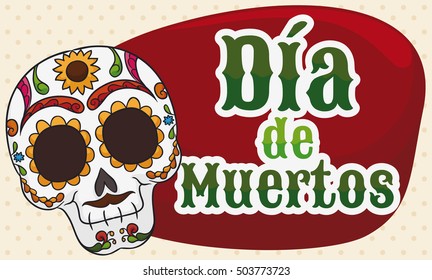 Banner with cute smiling skull decorated with colorful and floral pattern to celebrate the Mexican holiday of "Dia de Muertos" (translate from Spanish: "Day of the Dead").