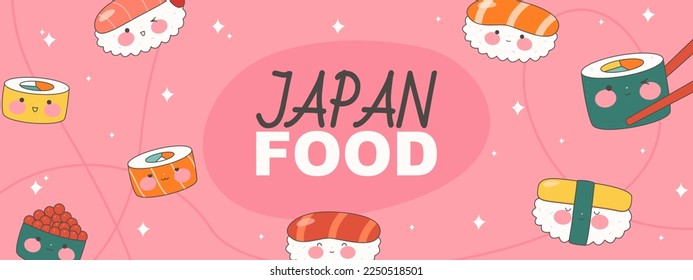 Banner with cute sushi. Kawaii traditional Japanese food. Cute Sushi set with smiling face and pink cheeks. Asian food. Stock vector illustration.