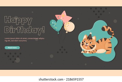 Banner with cute tiger, balloons and Happy birthday text on black background. Funny tiger holding poster with cake. Vector illustration with striped smiling tiger or cat in cartoon style.