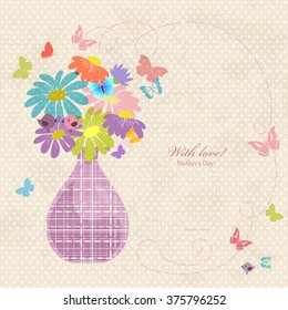 banner with cute vase of daisies on a old paper for your design. Happy mother's day