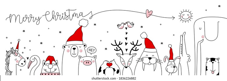 banner with cute winter animals with presents and scarfs. merry christmas and happy new year