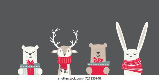 Banner With Cute Winter Animals With Presents And Scarfs. Merry Christmas And Happy New Year
