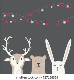 banner with cute winter animals with presents and scarfs. merry christmas and happy new year. vector illustration