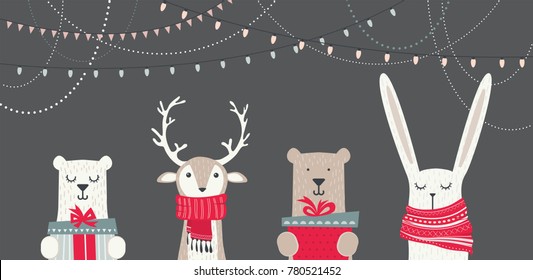 Banner With Cute Winter Animals With Presents And Scarfs. Merry Chritmas And Happy New Year. Vector Illustration