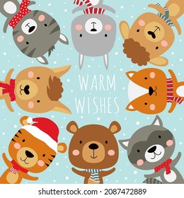 banner with cute winter animals in scarf and hat, merry christmas and happy new year vector illustration, greeting card