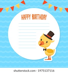 Banner with Cute Yellow Baby Duckling and Space for Text, Poster, Invitation Card, Notebook Page Design Template Vector Illustration