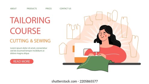 Banner para el curso de corte, costura y sastrería. Mujer costurera en su lugar de trabajo con máquina de coser. Ilustración vectorial para la publicidad de lecciones de costura