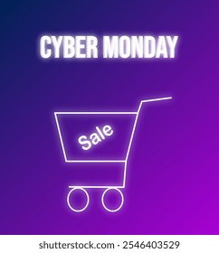 Banner for Cyber Monday with glowing neon grocery cart and the inscription "Cyber Monday"