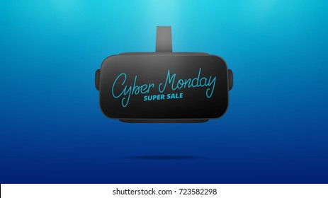 Banner with Cyber Monday lettering on the realistic virtual reality glasses. Super sale seasonal background.