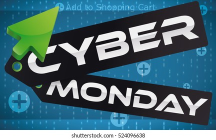 Banner with Cyber Monday message in a dark price tags with a green pointer adding purchases with discounts to the shopping cart.