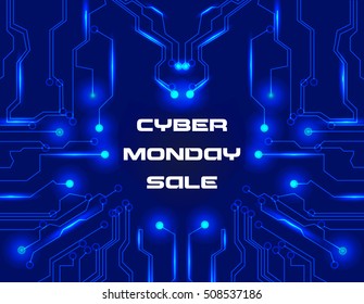 Banner for Cyber Monday Sale with circuit on dark blue background with bright glowing sparkles. Vector illustration