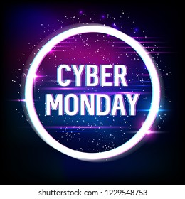 Banner for cyber monday sale with neon and glitch effects. Cyber Monday, online shopping and marketing concept. Poster design. Vector illustration.